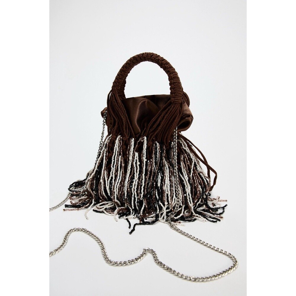 Zara Women Mini Beaded Fringe Bucket Bag Brown 6619/310 New